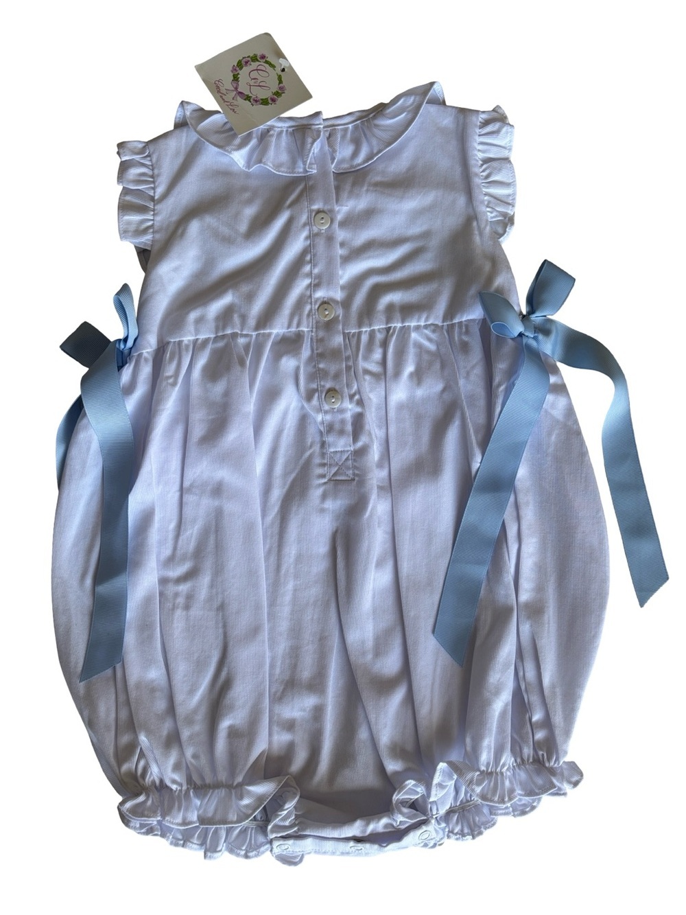 Cecil & Lou NWT White Baby Blue Smocked Bubble Romper Bows 3T - Picture 6 of 6